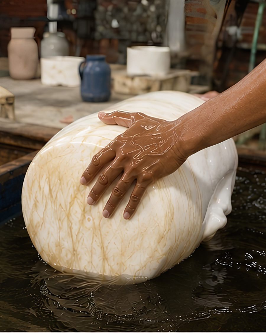Hand applying a water-transfer marble pattern to a piece submerged in a dip tank