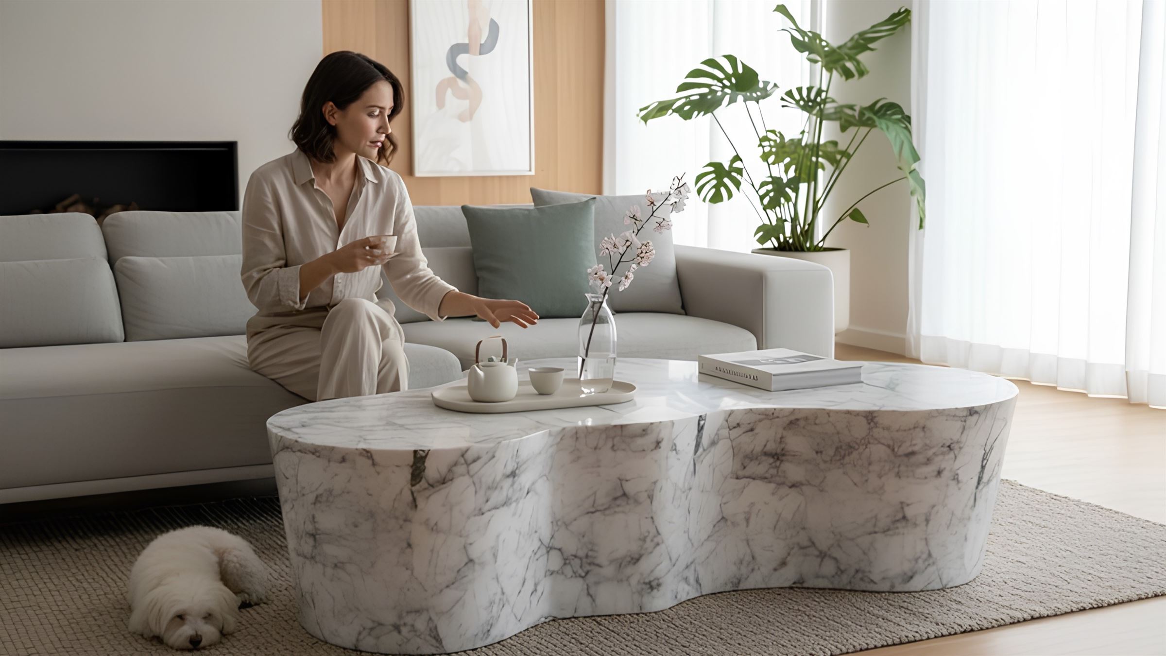 A woman relaxes on a sofa beside a sculptural white marble coffee table in a bright, plant-filled living room.